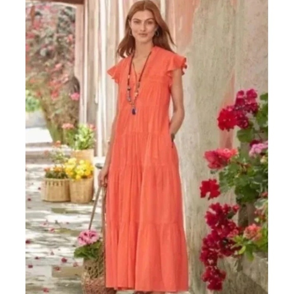 Sundance Maxi Dress June Ruffle Coral Pintuck Boho Tiered Peasant Vneck slip XS